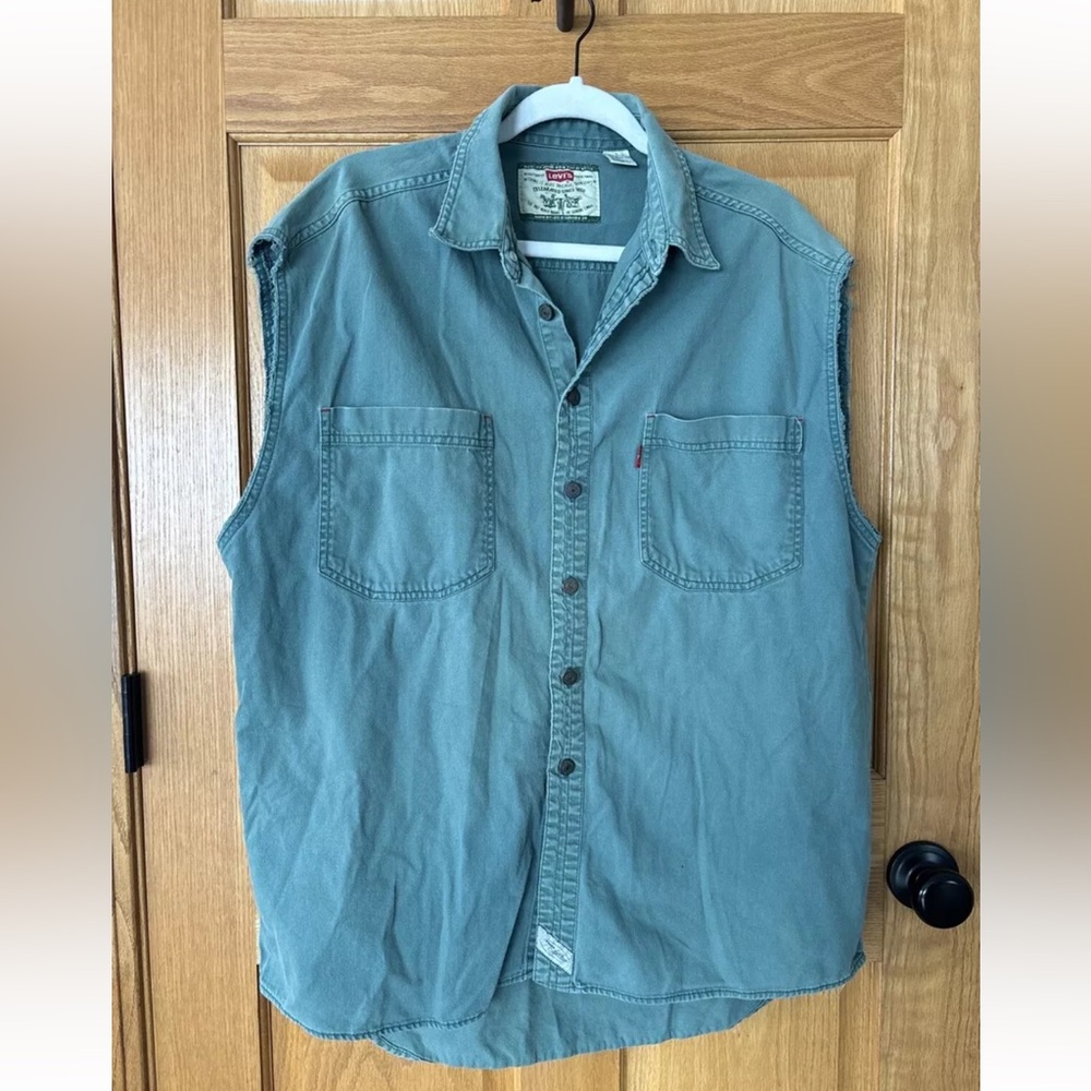 VTG 90’s Levi’s Levis Denim Vest Tank Shirt Thickness Mens Sz L Green Sleeveless